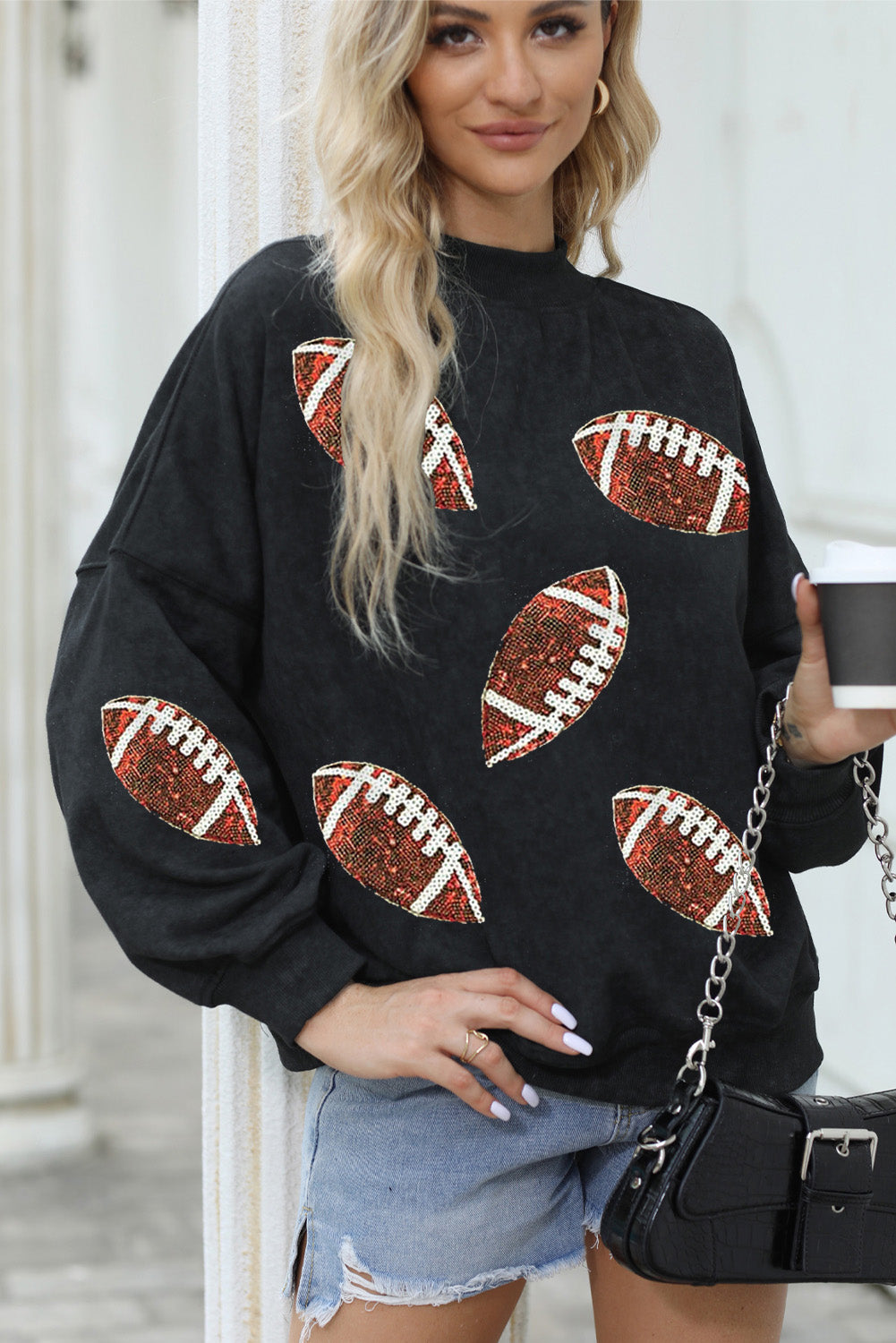 Black Rugby Print Graphic Drop Shoulder Crew Neck Sweatshirt