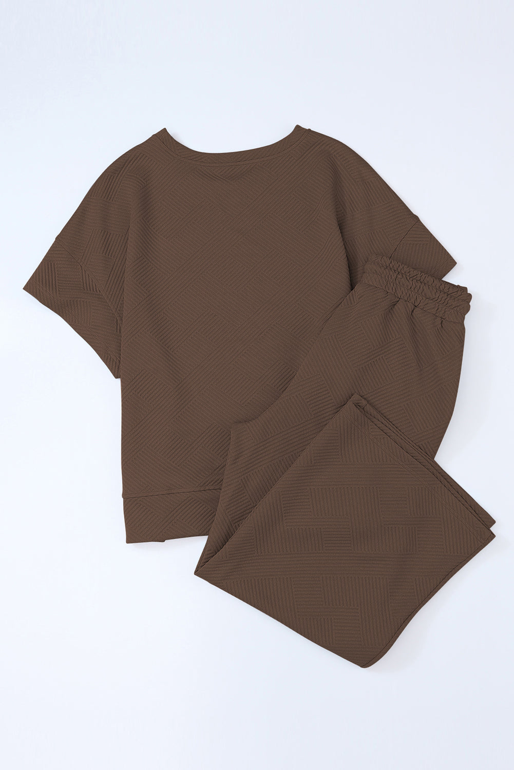 Brown Textured Loose Fit T-Shirt and Drawstring Pants Set