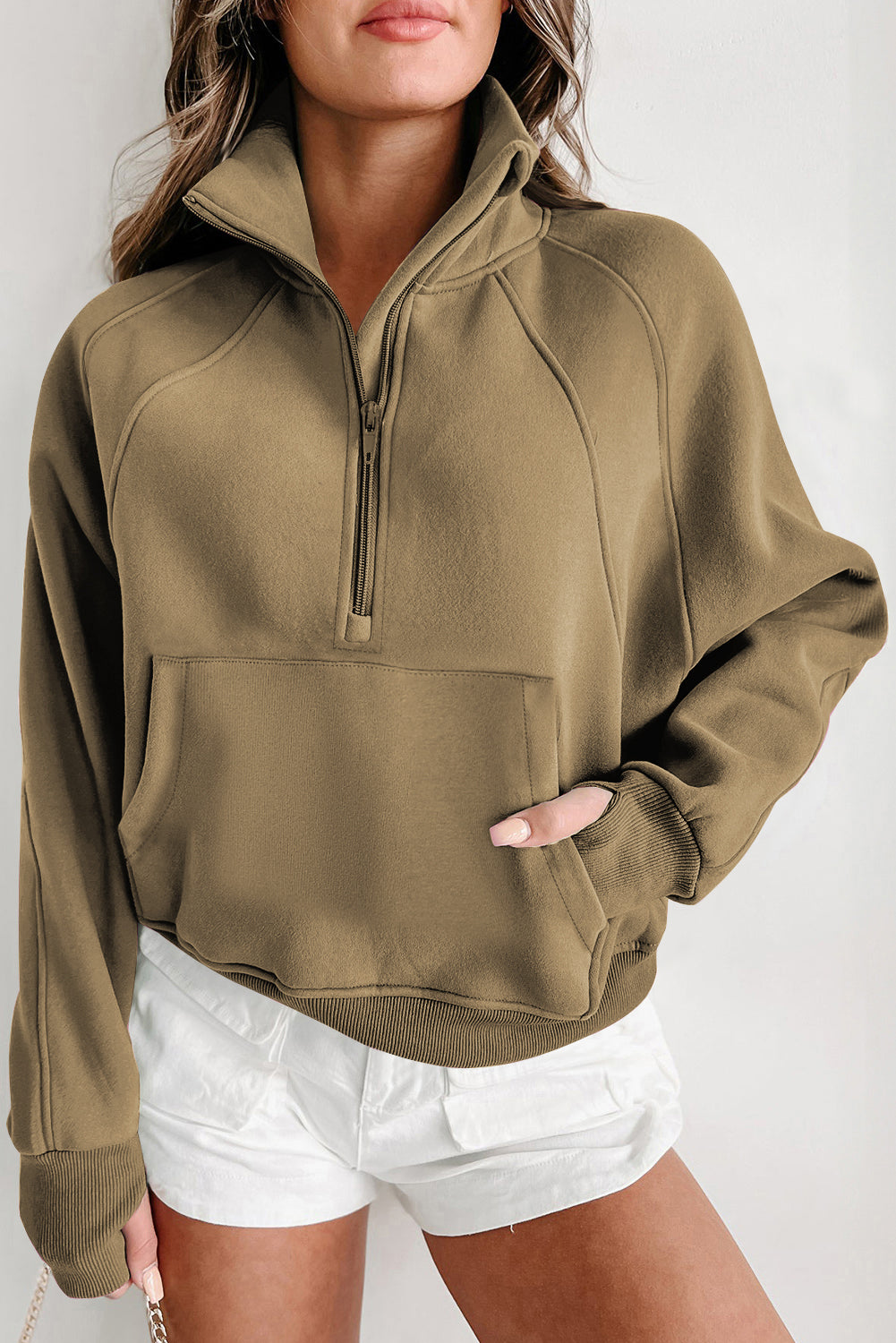 Brown Zip Up Stand Collar Thumbhole Sleeve Sweatshirt