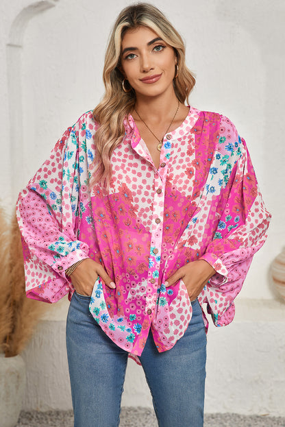 Rose Red Floral Print Dolman Sleeve Blouse