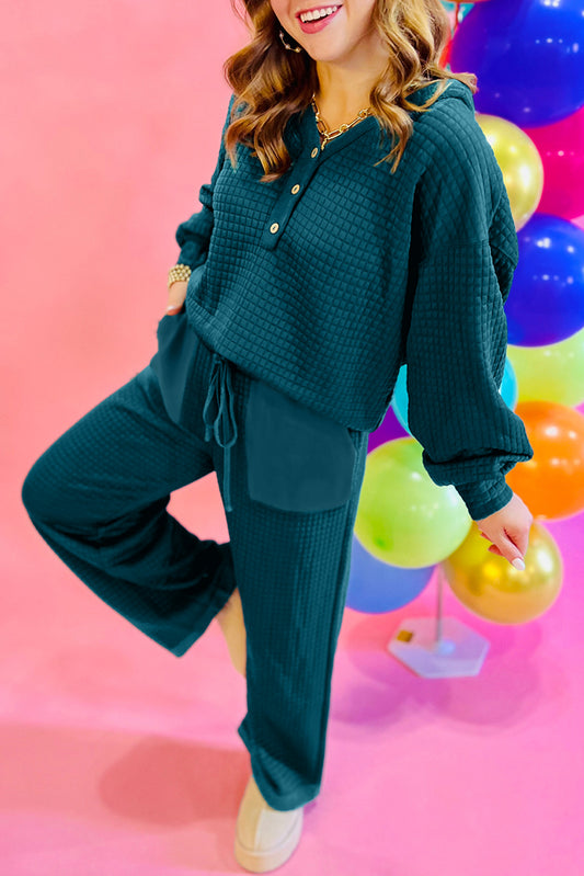 Checkered Texture Hooded Top and Loose Pants Set