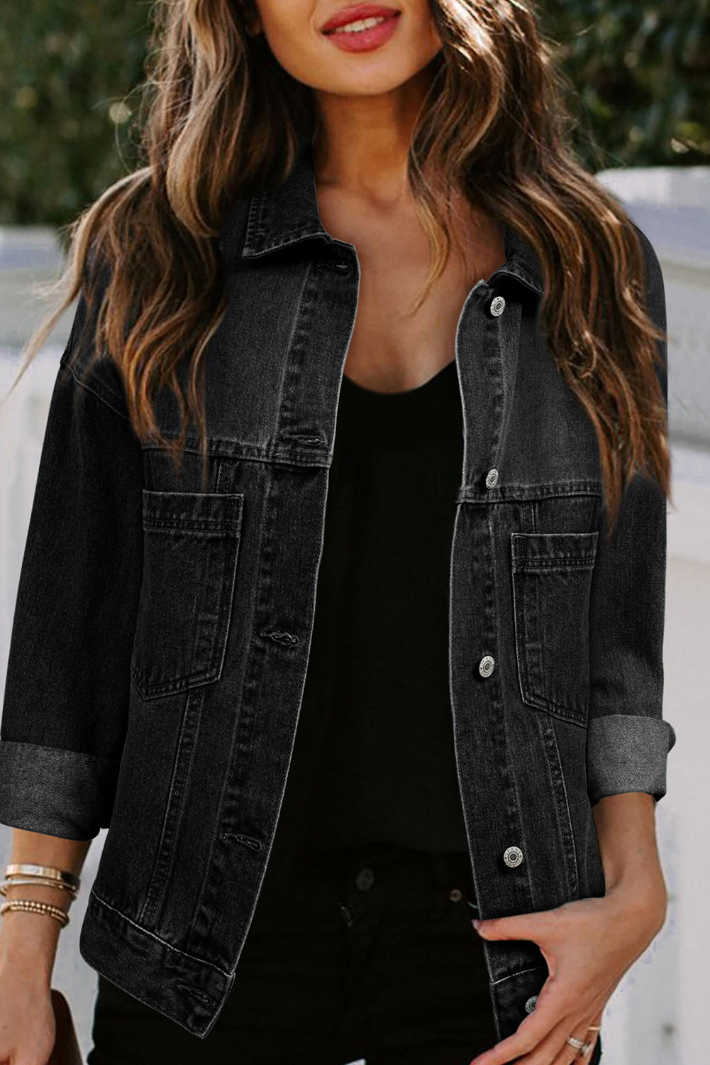 Dark Blue Washed Oversized Pocketed Denim Jacket