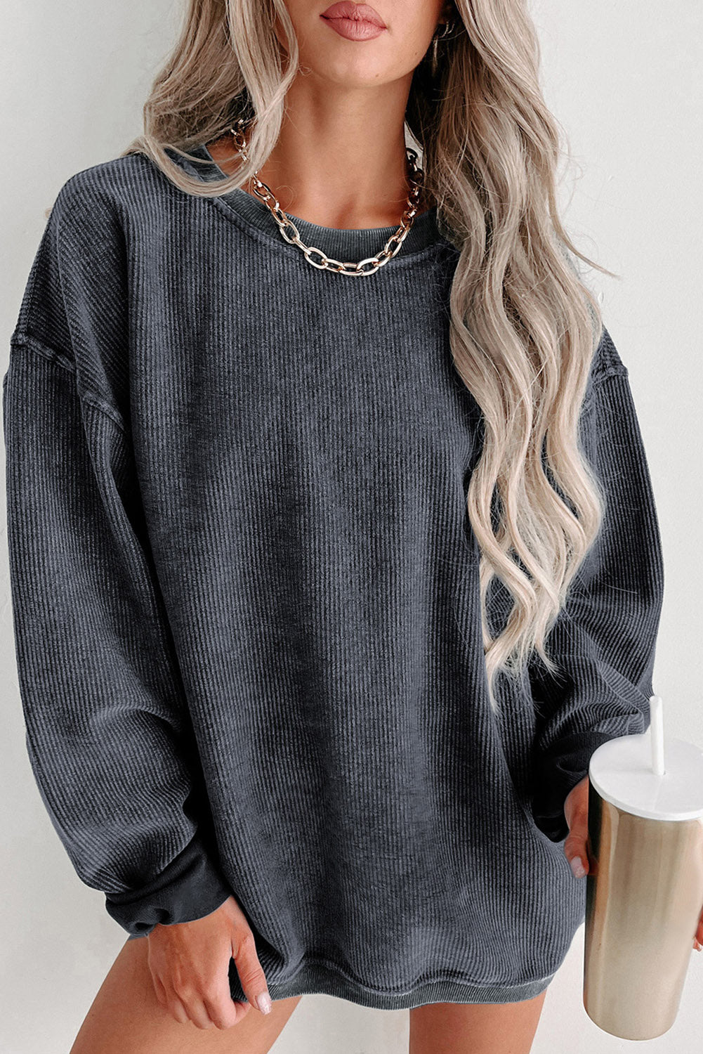 Green Ribbed Round Neck Drop Sleeve Pullover Sweatshirt