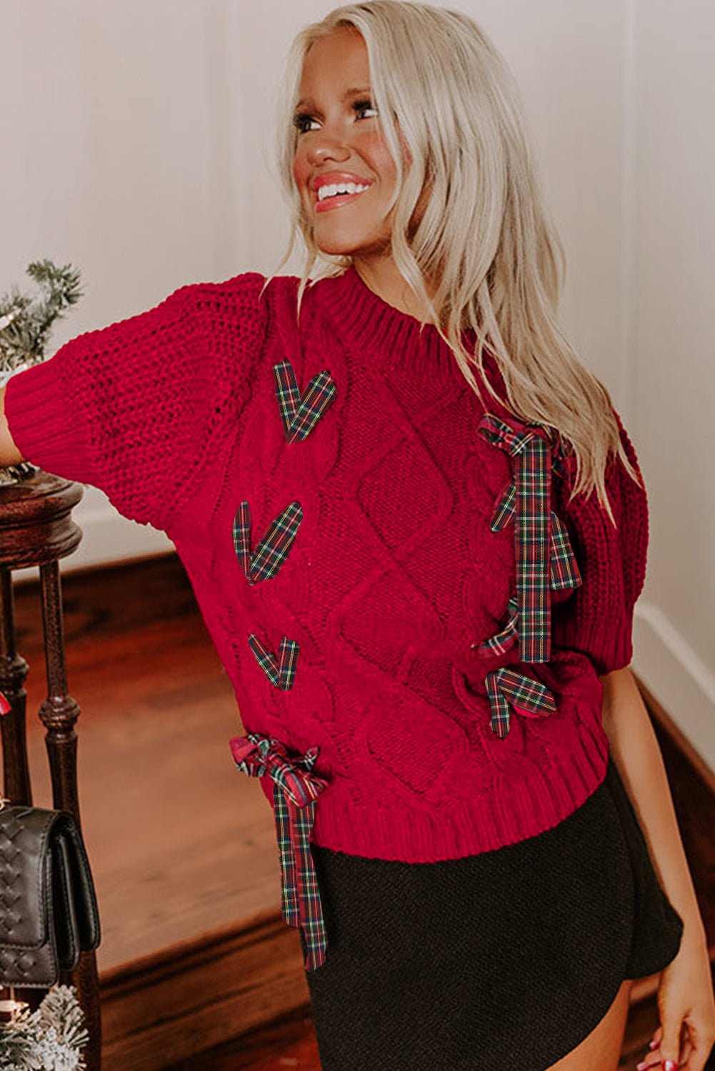 Red Plaid Lace-Up Detail Christmas Holiday Puff Short Sleeve Sweater