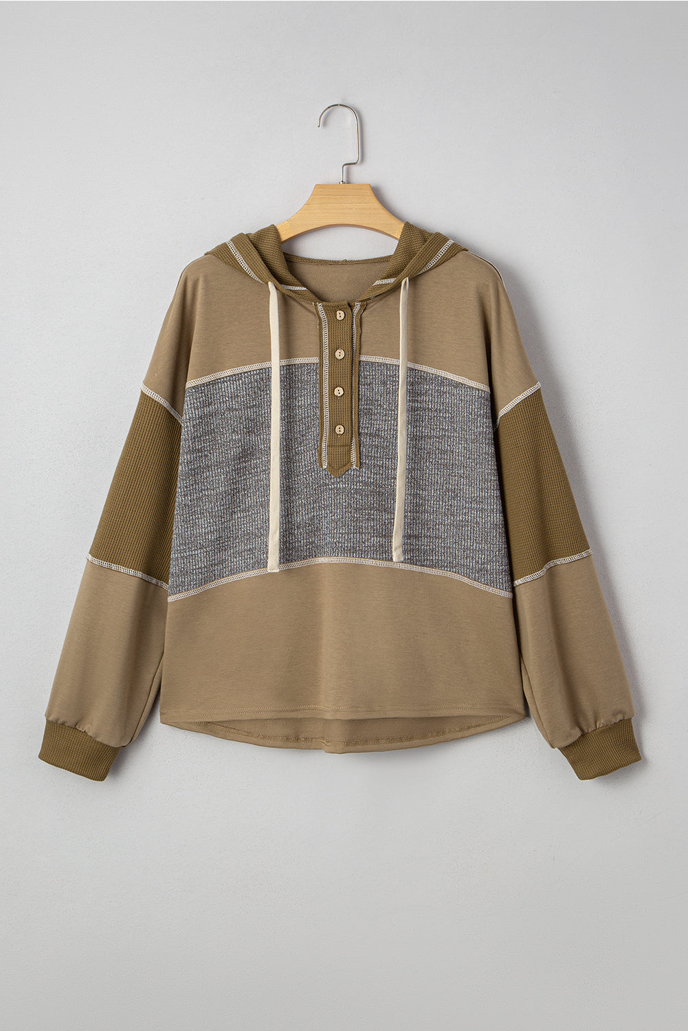 Green Mixed Texture Patchwork Exposed Seam Half Button Pullover Hooded Sweatshirt