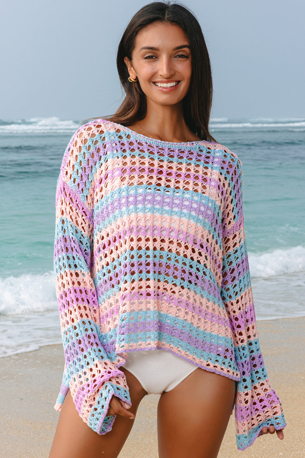 Rainbow Stripe Hollow Knit Long Sleeve Beach Cover-Up