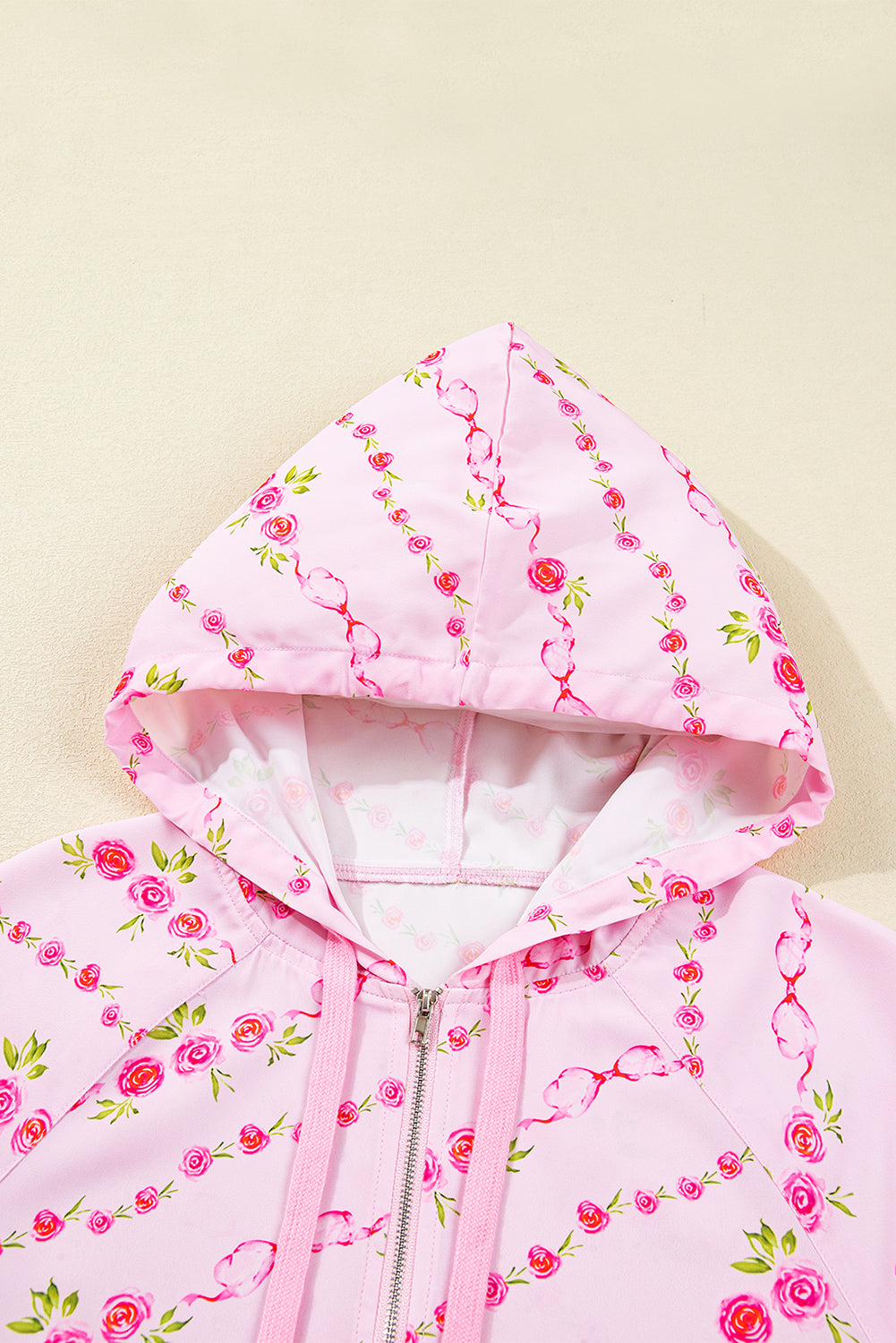 Pink Floral Print Half Zip Drawstring Hoodie