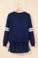 Navy Blue Varsity Stripe Detail Drop Shoulder Pullover Mini Skirt Set