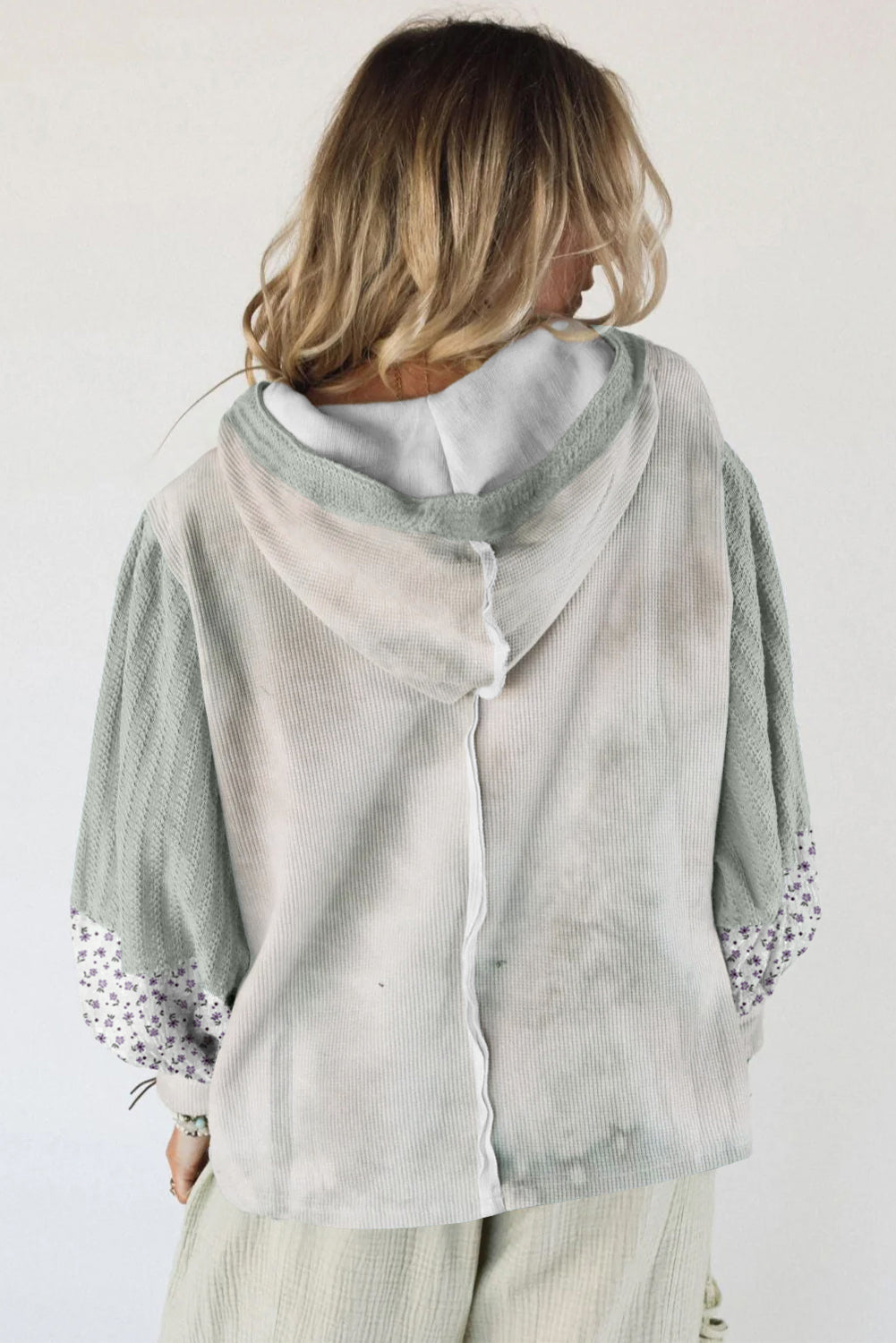 Green Floral Textured Colorblock Patchwork Lantern Sleeve Hooded Top