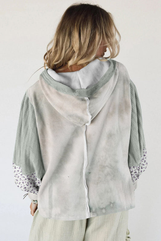 Green Floral Textured Colorblock Patchwork Lantern Sleeve Hooded Top