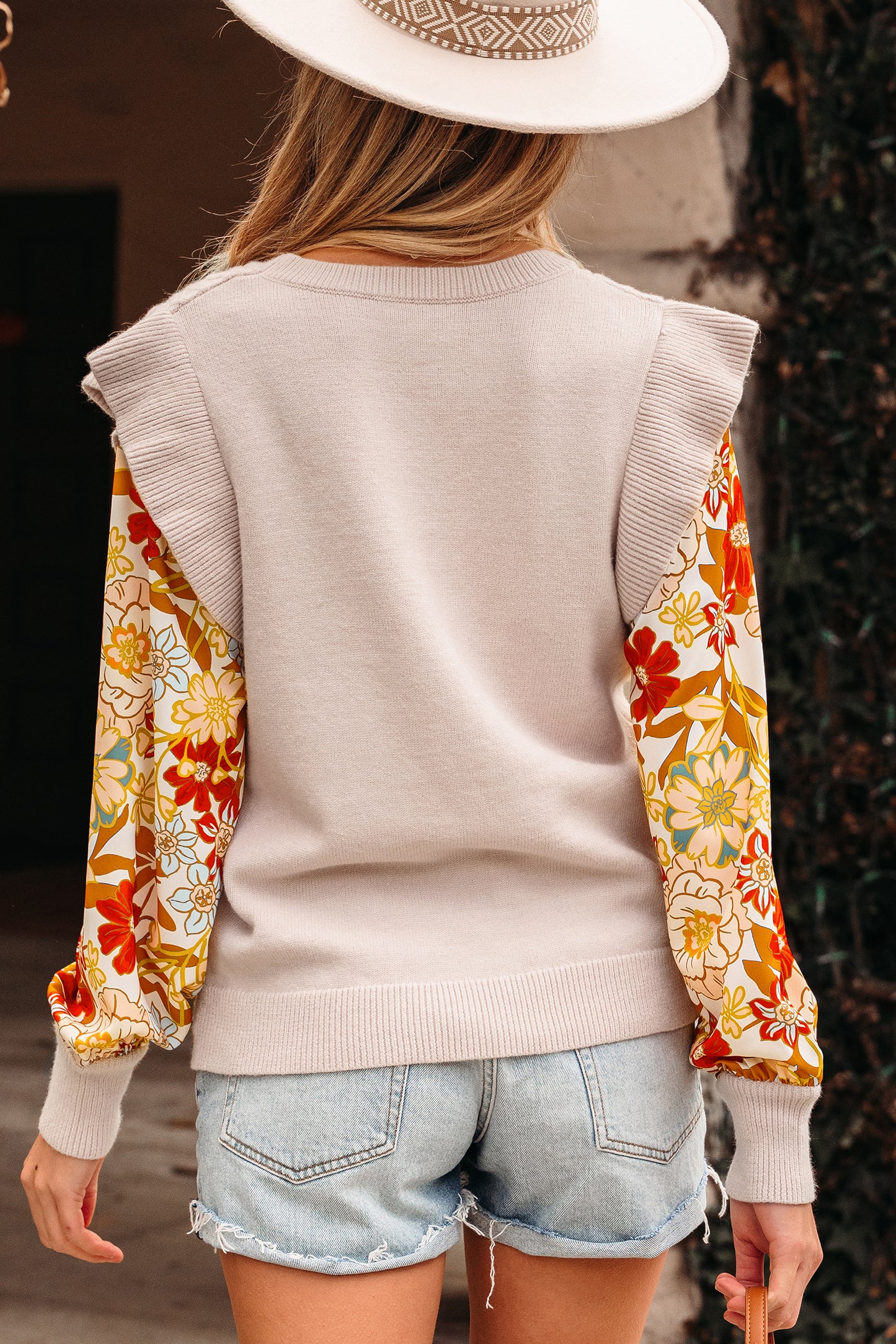 Cable Knit Ruffle Detail Contrast Floral Sleeve Patchwork Sweater