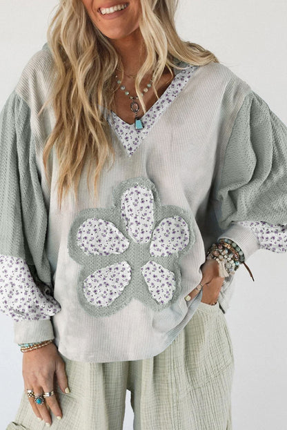 Green Floral Textured Colorblock Patchwork Lantern Sleeve Hooded Top