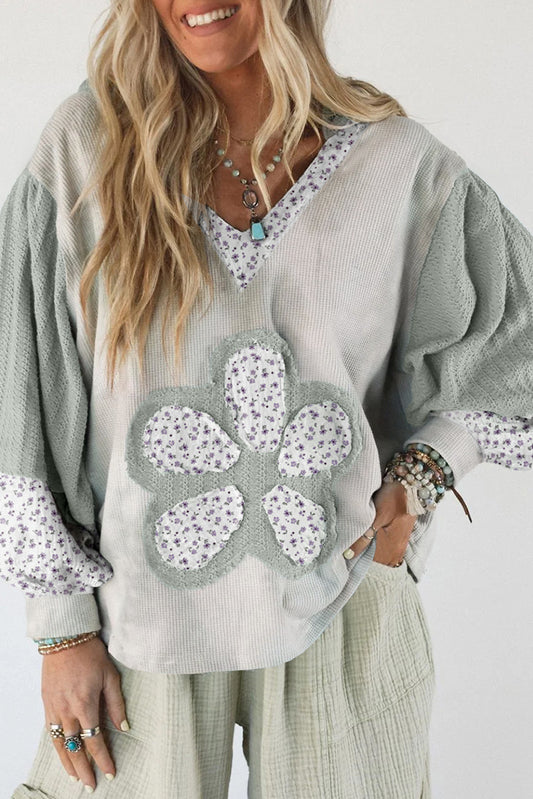 Green Floral Textured Colorblock Patchwork Lantern Sleeve Hooded Top