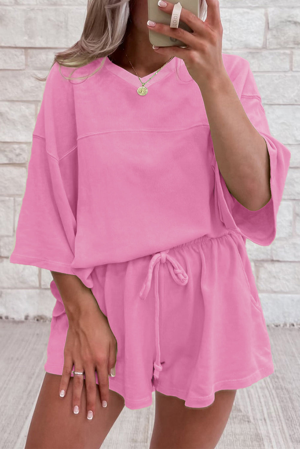 Pink Solid Loose V Neck Half Sleeve Tee and Shorts