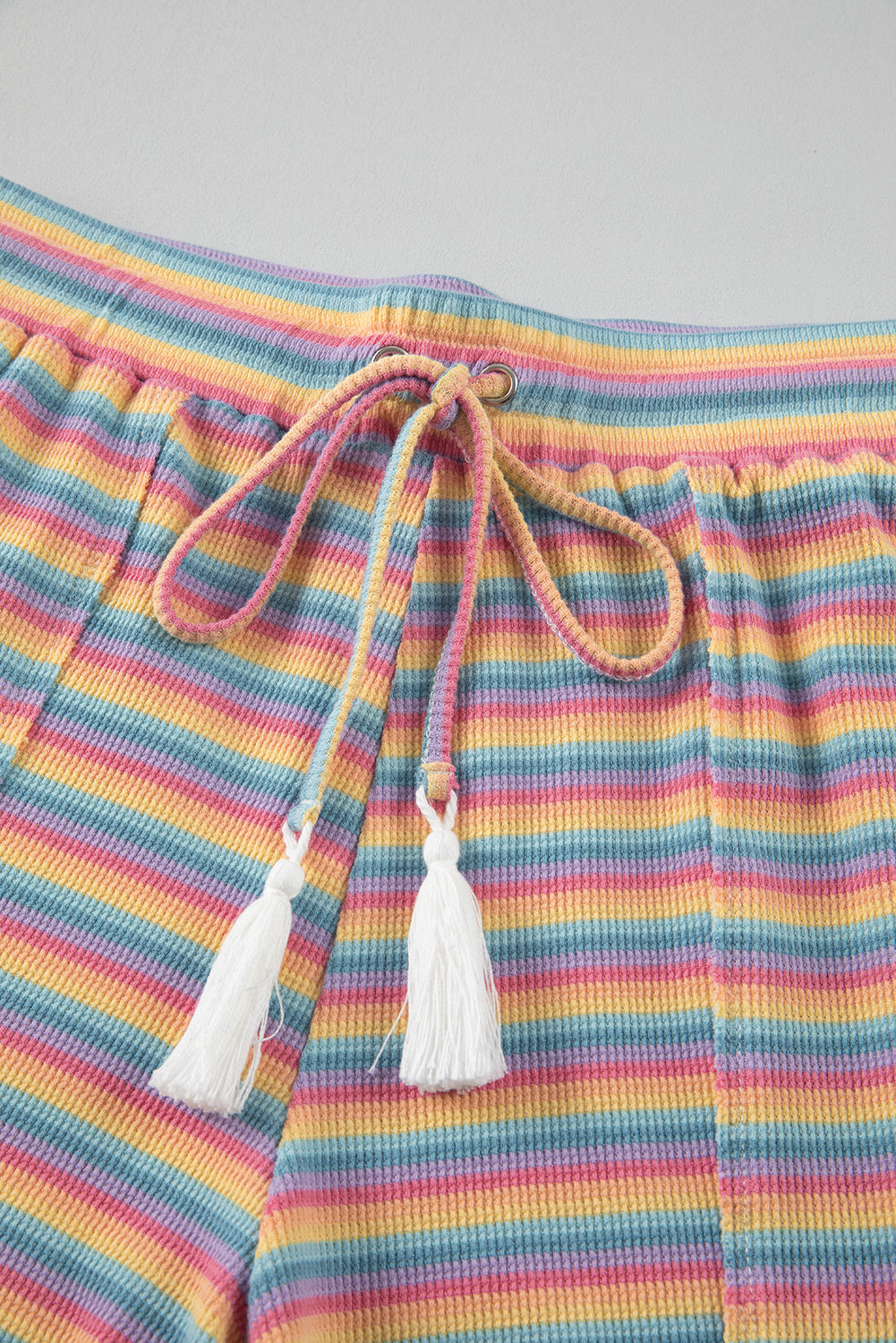 Pink Stripe Crew Neck Tee & Tassel Drawstring Shorts Set