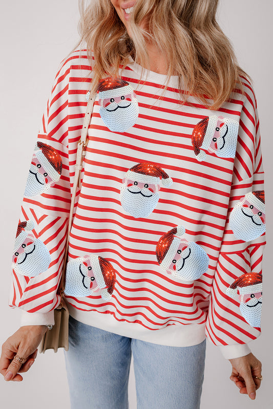 Striped Sequin Santa Claus Patch Application Loose Fitting Sweatshirt