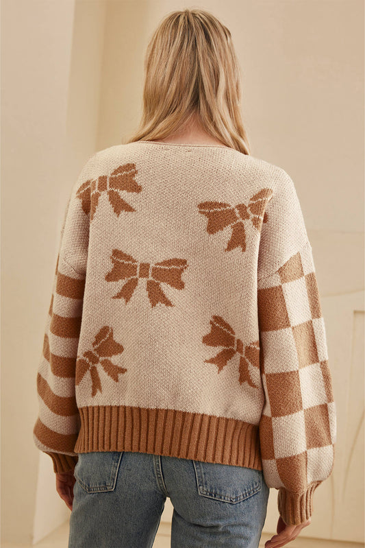 Striped Checkered Sleeves Bow Print Knit Sweater