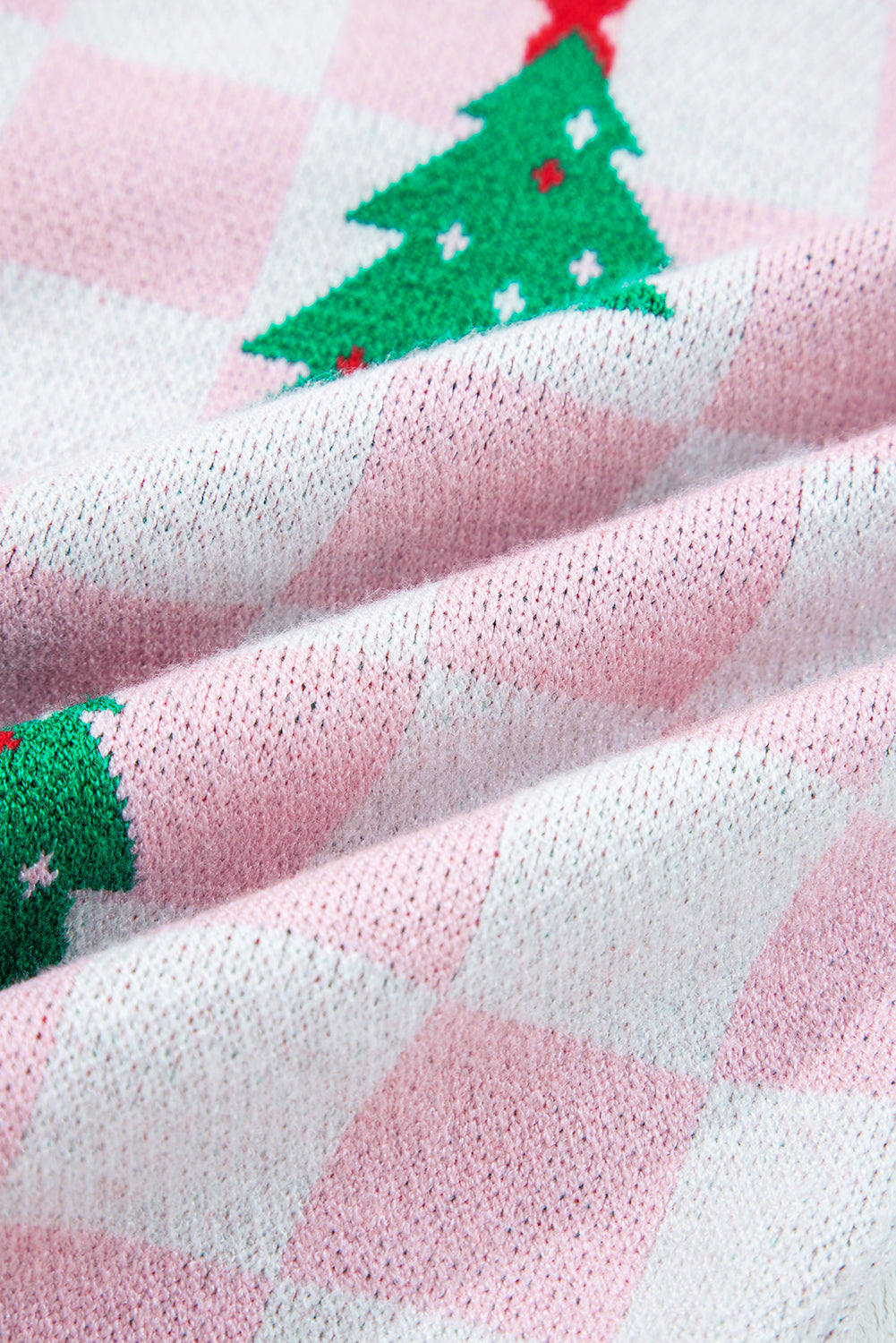 Pink Checkered Christmas Tree Pattern Button V-Neck Knit Cardigan