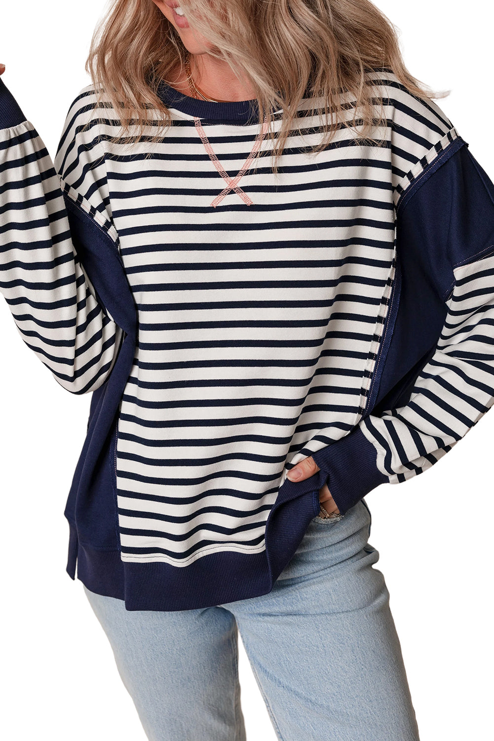 White Stripe Patchwork Exposed Seam Loose Fit Sweatshirt