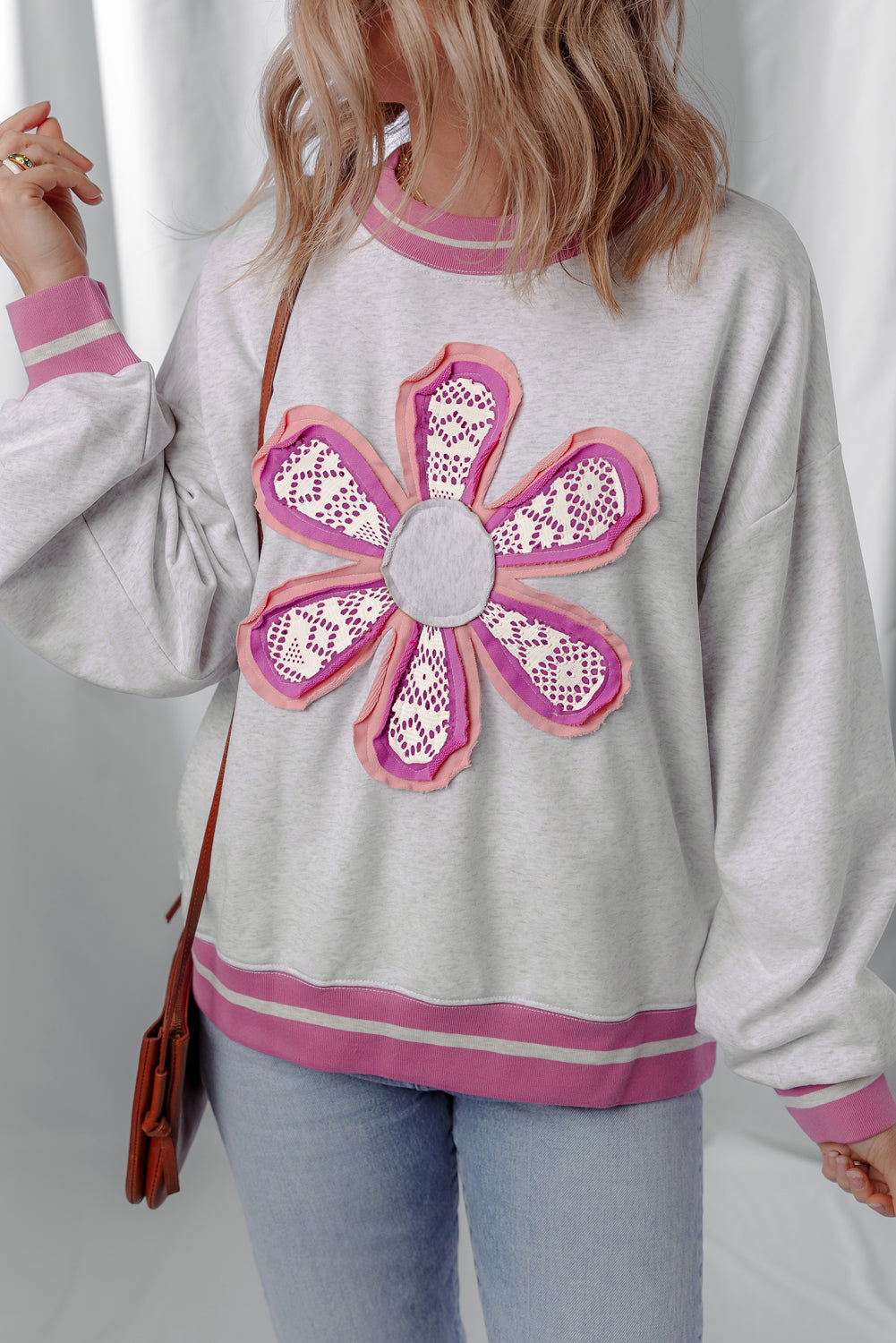 Flower Power Contrast Trim Crewneck Sweatshirt