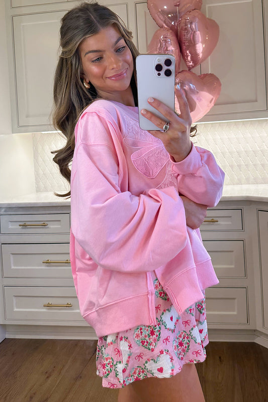 Pink Lace Bow Embroidered Split-Hem Sweatshirt