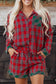Red Plaid Contrast Patched Christmas Holiday Long Sleeve Shirt and Short Two Piece Pajama Set