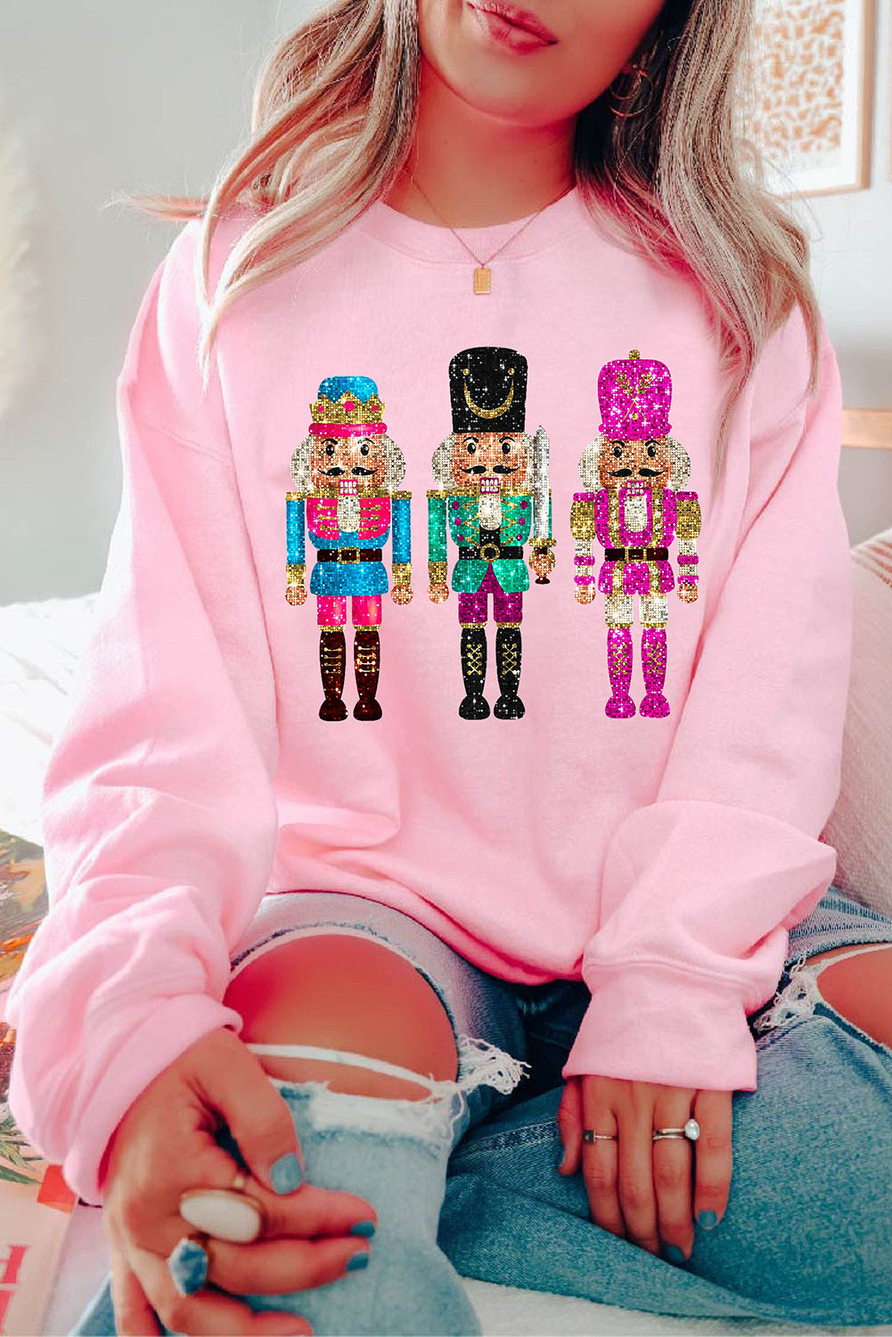 Pink Cute Nutcracker Printed Graphic Drop Shoulder Christmas Sweatshirt