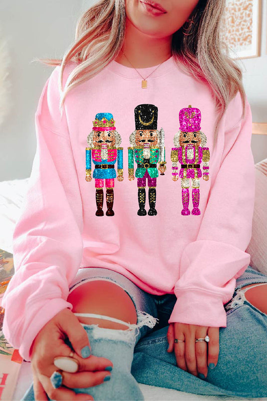 Pink Cute Nutcracker Printed Graphic Drop Shoulder Christmas Sweatshirt