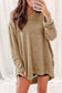 Green Waffle Knit Drop Sleeve High Slits Oversized Top