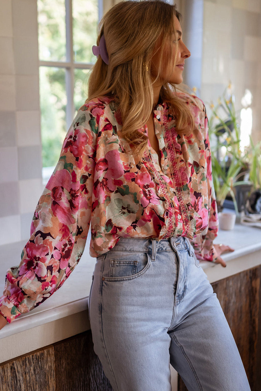 Red Floral Print Frill Stitch Buttoned Loose Fit Shirt