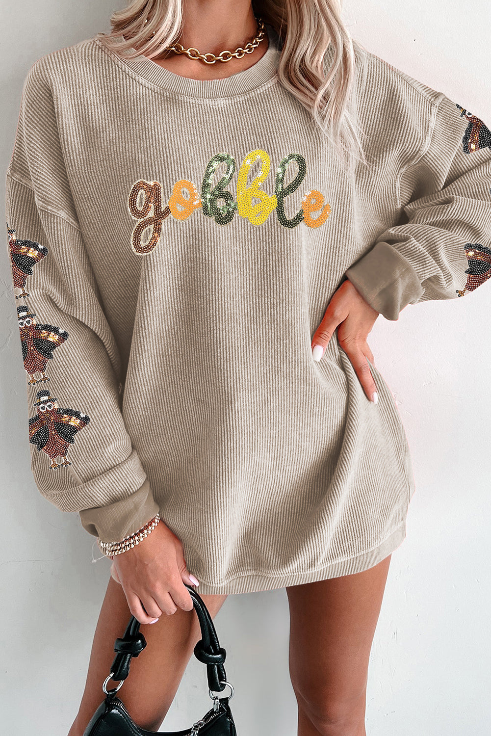 Smoke Gray Gobble Turkey Thanksgiving Sequined Patch Corded Baggy Sweatshirt