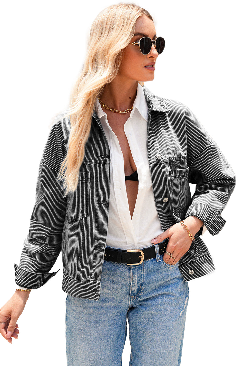 Dark Blue Washed Oversized Pocketed Denim Jacket