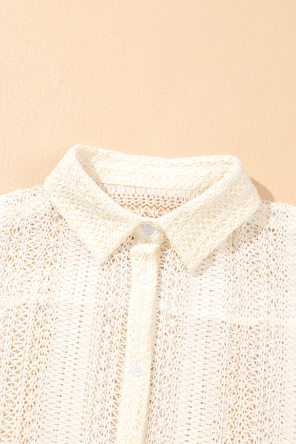 Beige Lace Crochet Collared Button Up Oversized Shirt