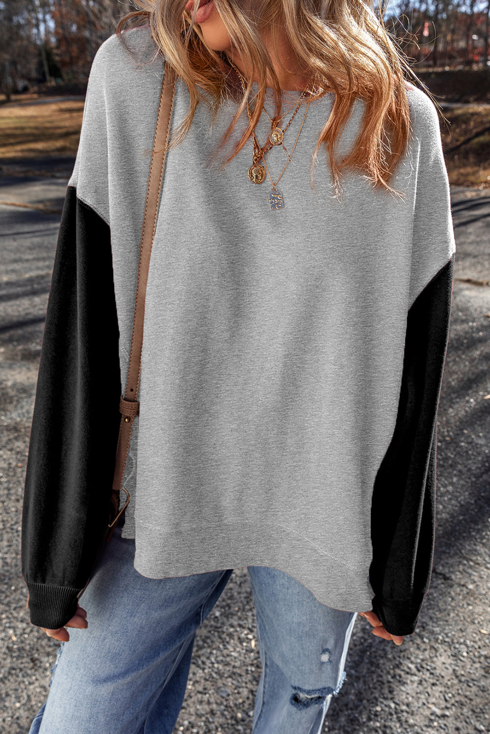 Gray Two Tone Patchwork Drop Shoulder Pullover Sweatshirt