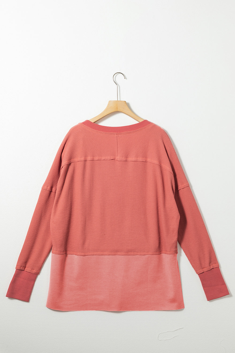 Mineral Red Waffle Knit Patchwork Exposed Seam Long Sleeve Top