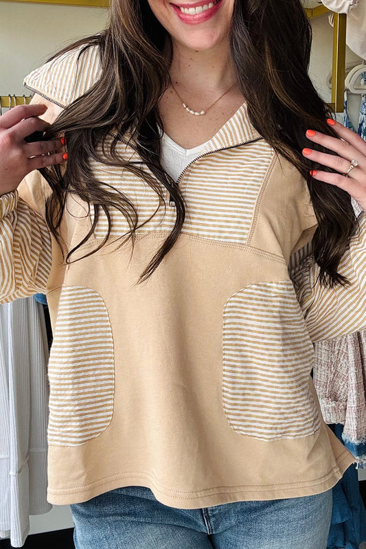 Quarter Zip Striped Patchwork Drop Shoulder Loose Long Sleeve Top