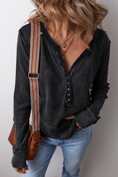 Black Button V Neck Waffle Henley Top