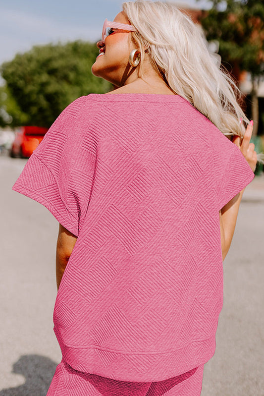Strawberry Pink Textured Loose Fit T-Shirt and Drawstring Pants Set