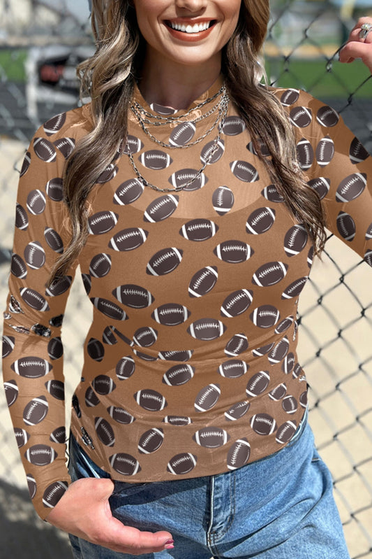 Brown Game Day Football Mesh Sheer Long Sleeve Top