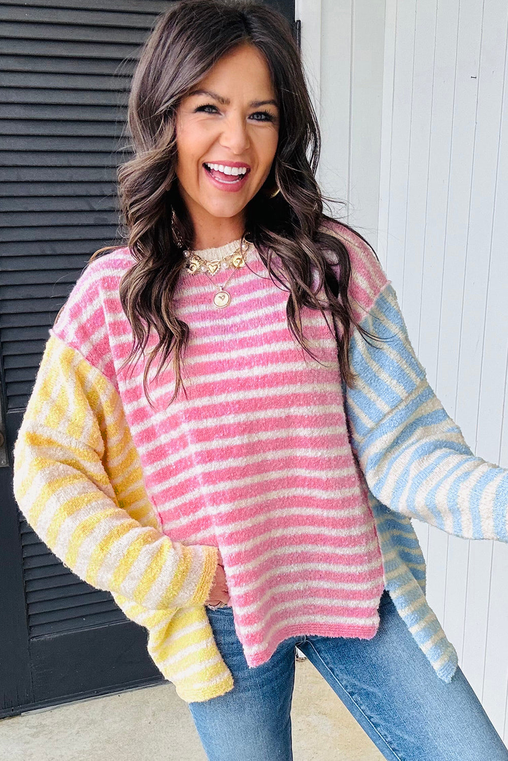 Multicolor Colorblock Striped Patchwork Dolman Sleeve Slit Sweater