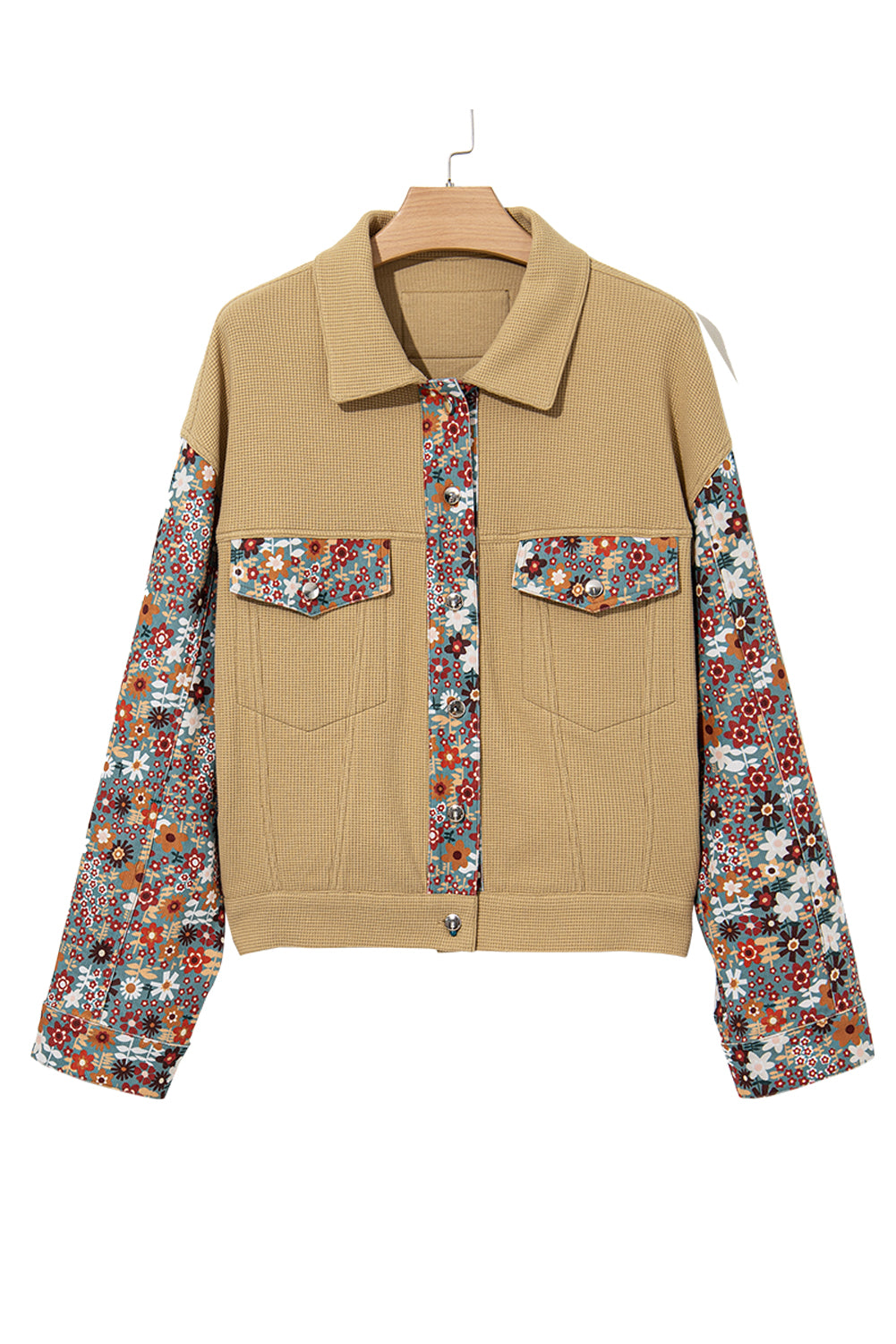 Khaki Waffle Knit Floral Print Patchwork Button Up Jacket