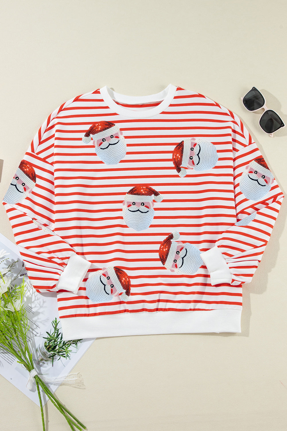 Stripe Sequin Santa Claus Pattern Christmas Pullover Sweatshirt