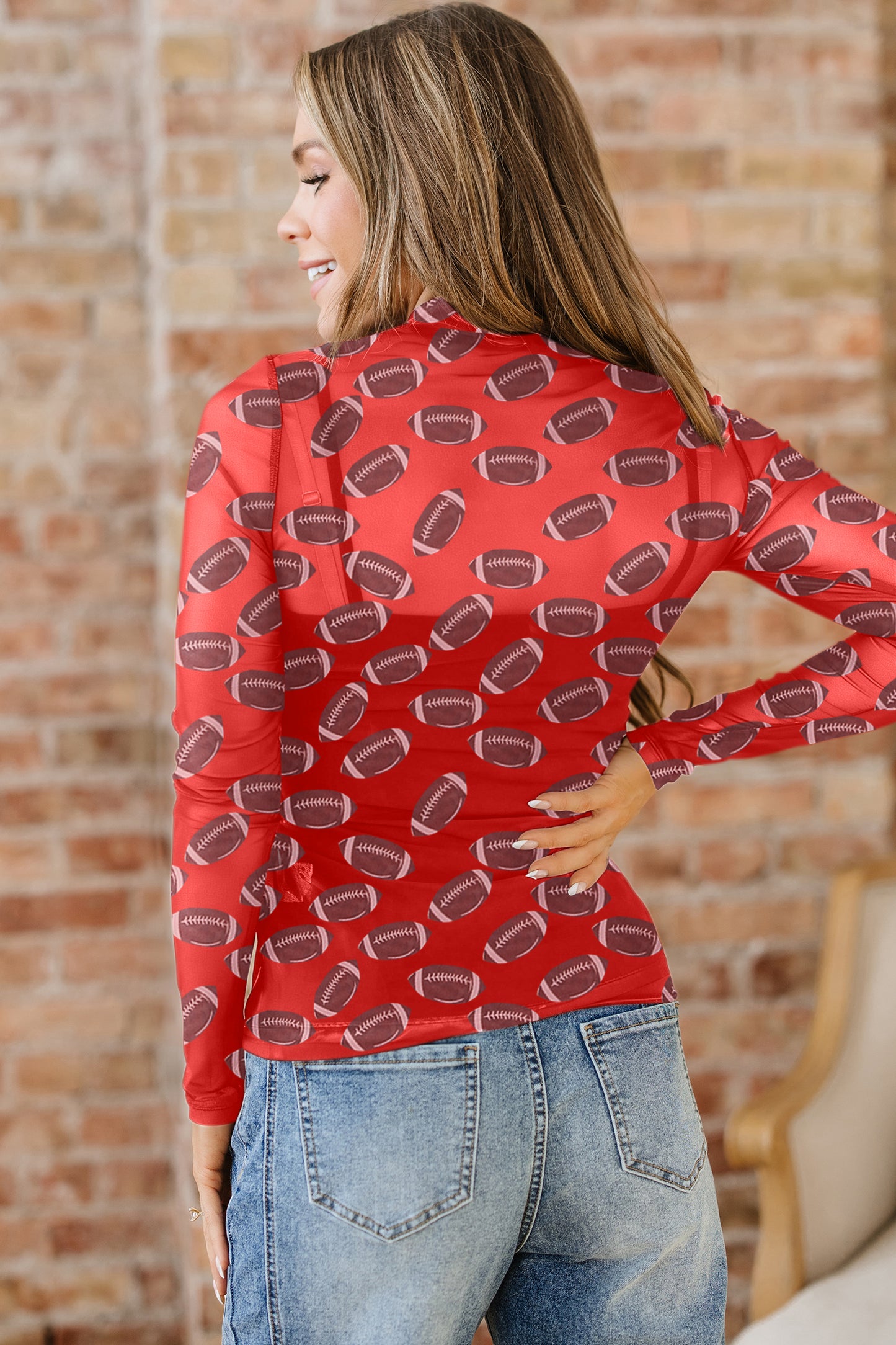 Red Game Day Football Mesh Sheer Long Sleeve Top
