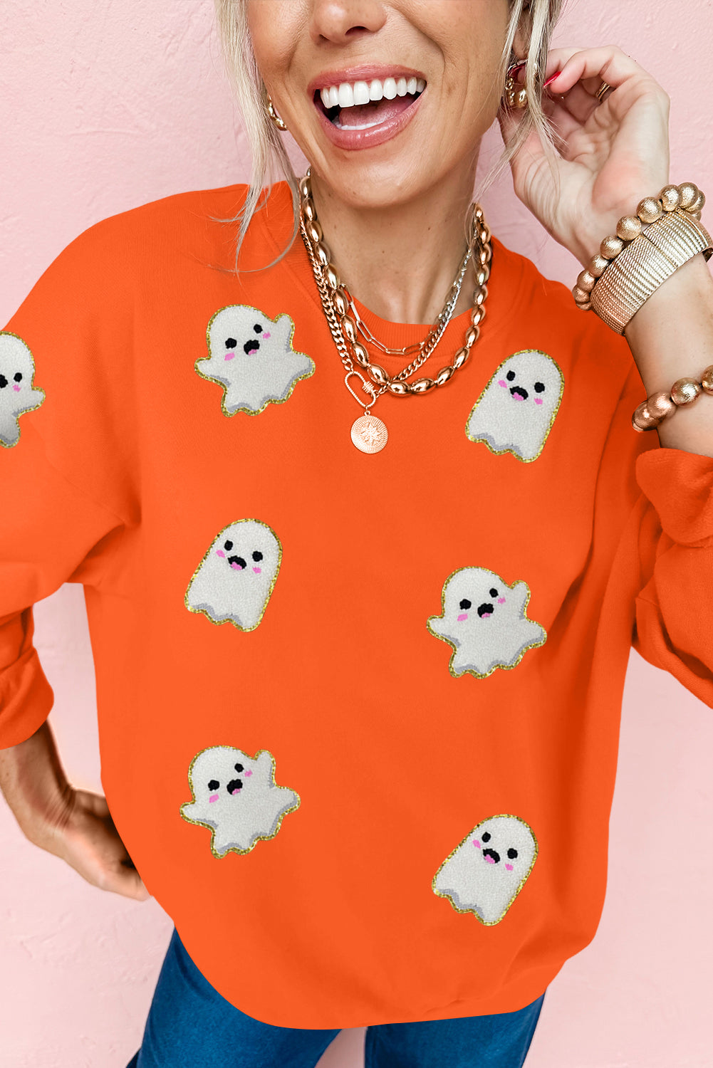 Orange Halloween Ghost Cute Patched Holiday Sweatshirt
