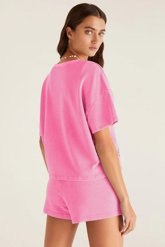 Pink Sequin Halloween Pumpkin Pattern V-Neck Tee and Drawstring Shorts Set