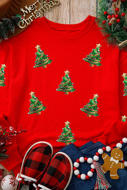 Red Sequin Christmas Tree Graphic Patch Application Drop Shoulder Sweatshirt