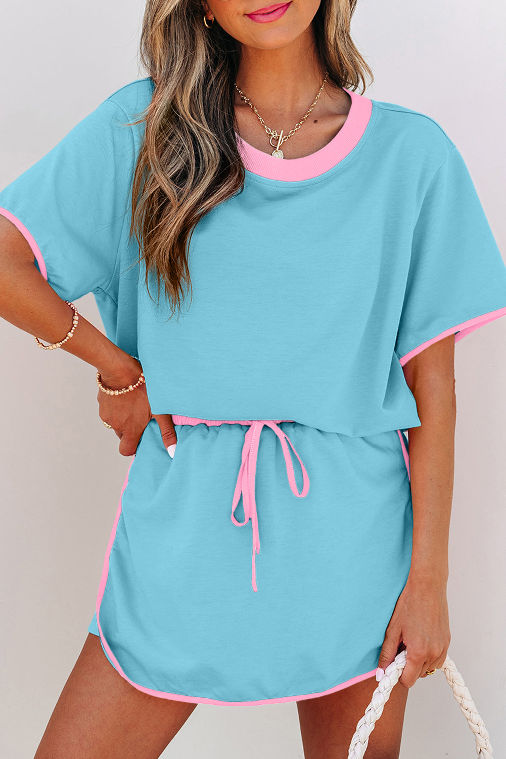 Turquoise Colorblock Edge Drop Shoulder T-Shirt and Skort Two Piece Set