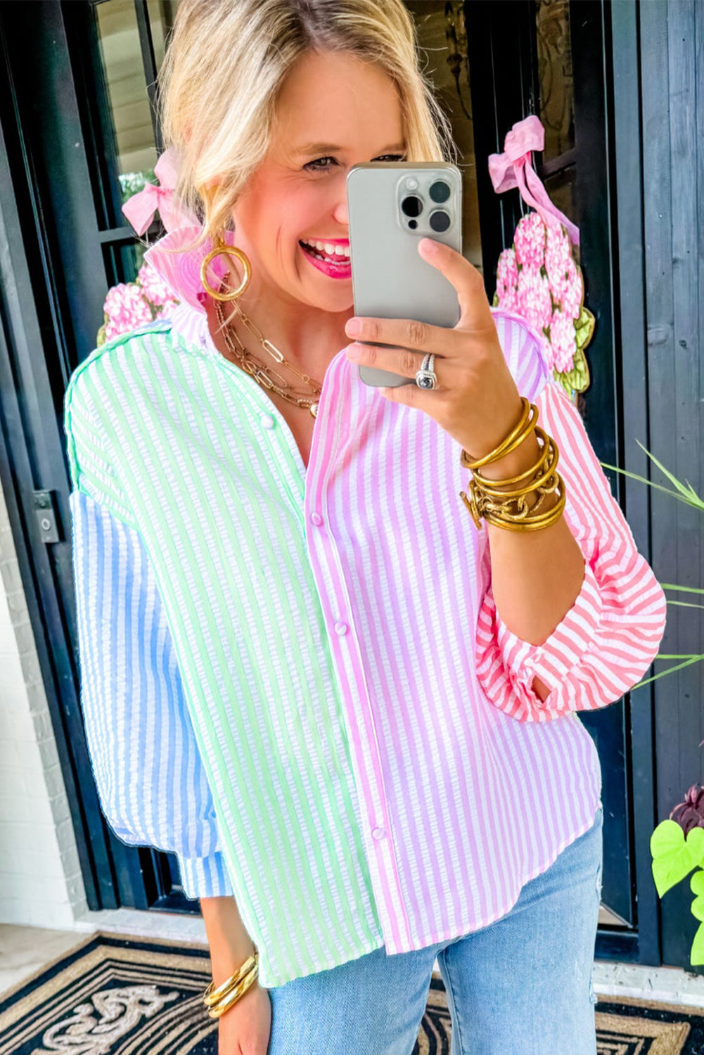 Pink Stripe Color Block Balloon Sleeve Button Loose Fit Shirt