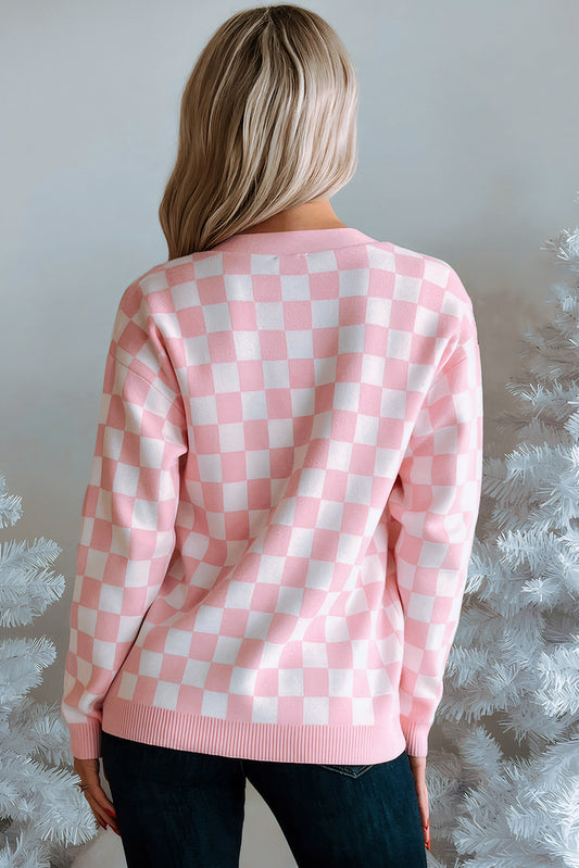 Pink Checkered Christmas Tree Pattern Button V-Neck Knit Cardigan