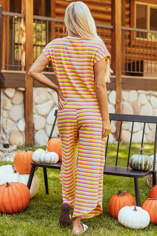 Stripe Rainbow Tee Tasseled String Wide Leg Pants Set